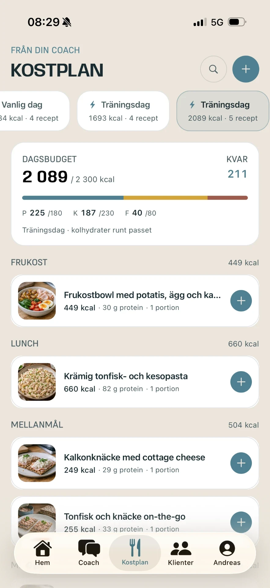 Helovioappens kostplan med recept och dagsbudget