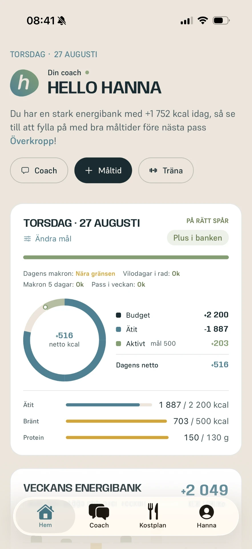 Helovioappens startvy med dagens plan och energibalans